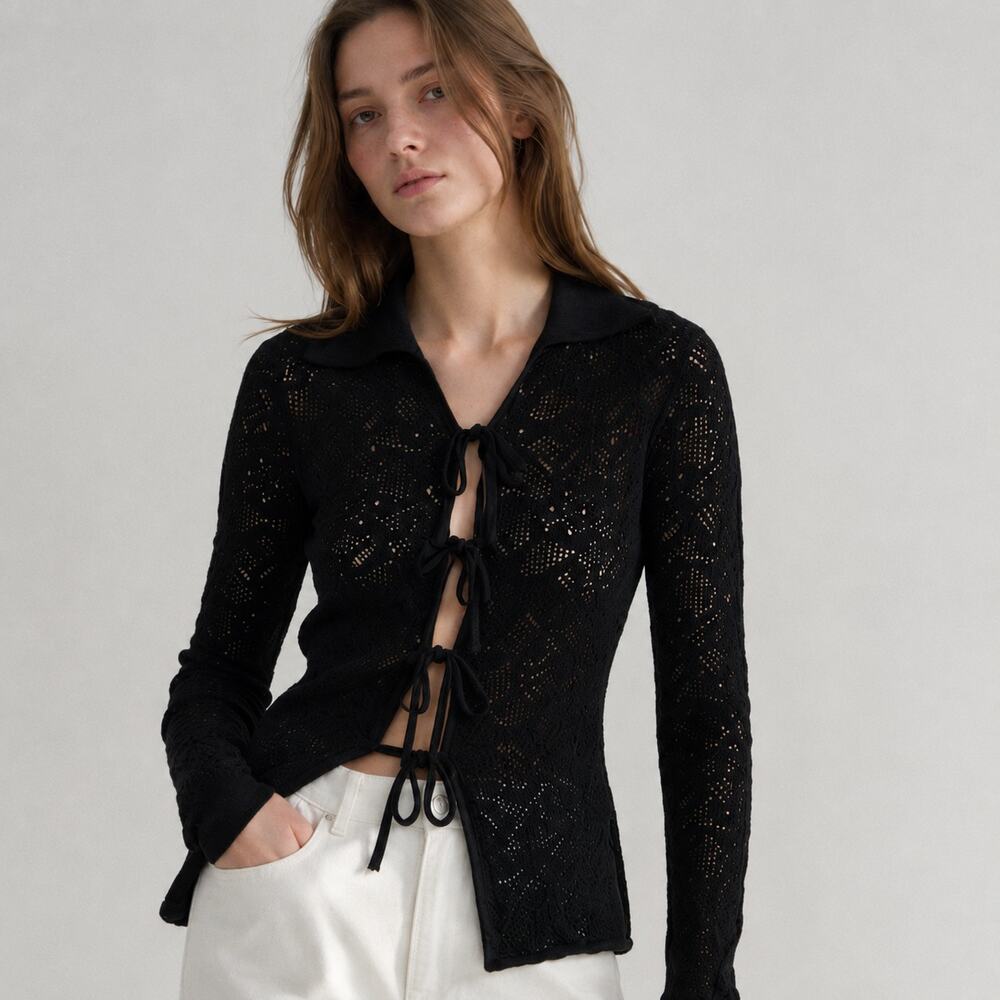 Sea NY Nelle Wool Lace-Knit Tie-Front Crochet Cardigan Womens M Black
